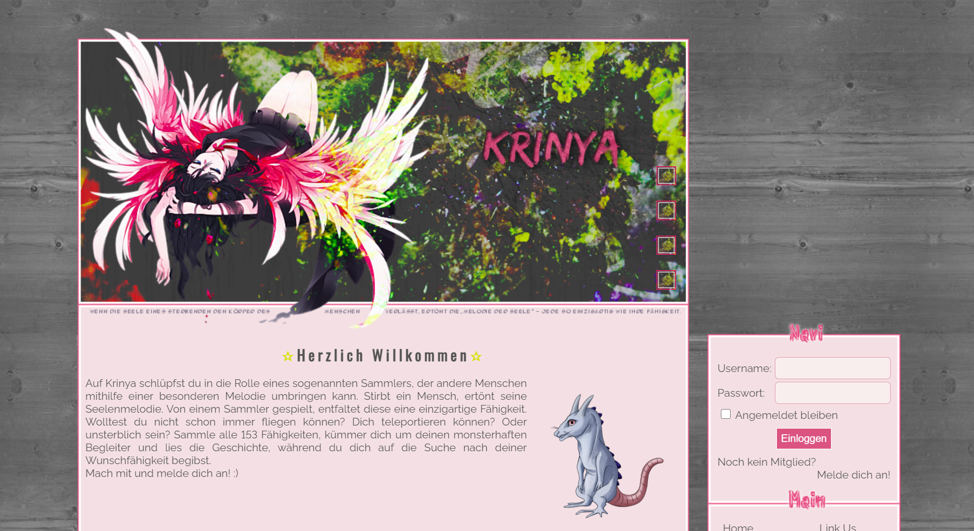 Auf dem Screenshot steht jetzt Krinya und ein Bild von der Rattenechse Rarep, das Maskottchen, ist auf der Startseite.